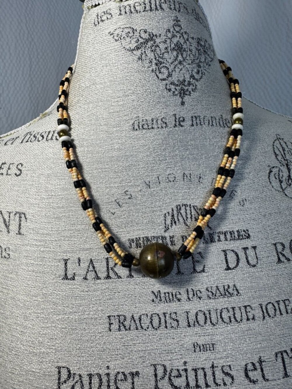 Vintage Ethnic Handcrafted Beaded Necklace Multicolor Brass Accent Bead BoHo - Picture 3 of 8